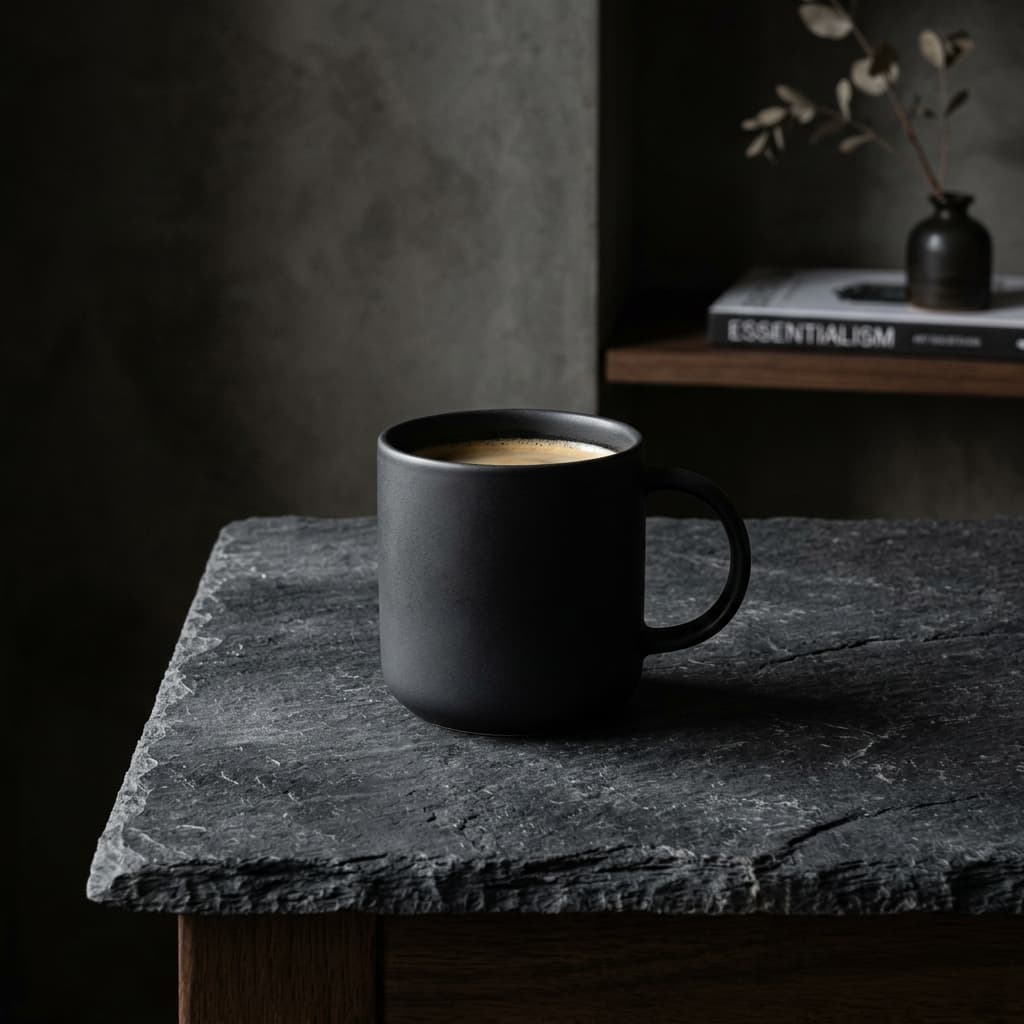 Minimalist mug on dark slate table with book titled Essentialism