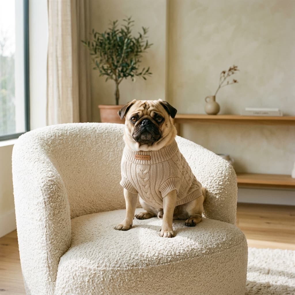 Pug wearing a knit beige sweater on a boucle chair in a minimalist living room